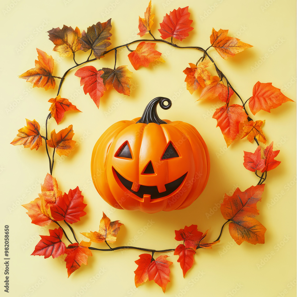 Autumn Leaves Frame A Cheerful Jack-O'-Lantern, Perfect For Halloween Or Fall Decor. Autumn Leaves Frame A Cheerful Jack-O'-Lantern, Perfect For Halloween Or Fall Decor.