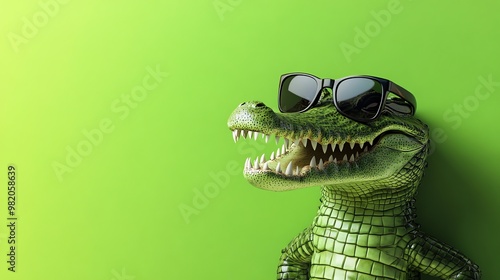 A cool crocodile wearing sunglasses on a green background.