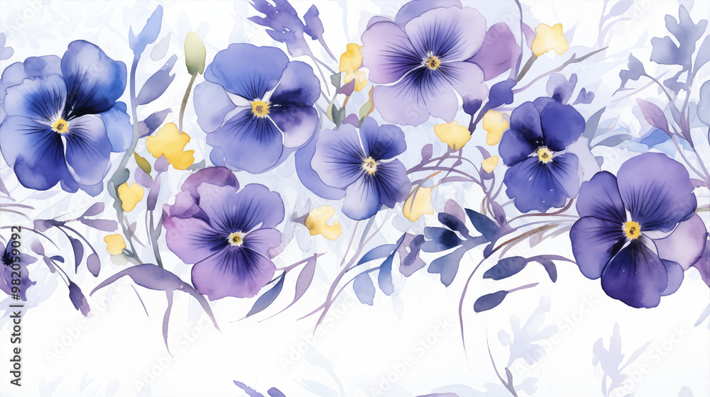 Obraz premium Charming watercolor pansy flowers in shades of blue and purple with yellow accents on a light background