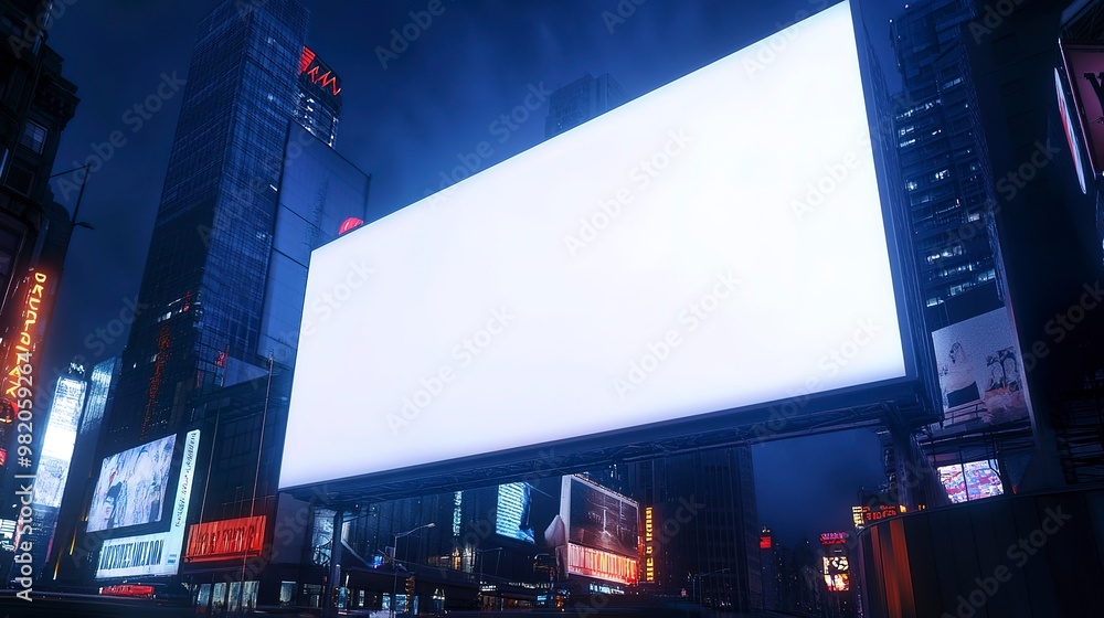 A blank billboard towers over the bright lights of Times Square in New York City A blank billboard towers over the bright lights of Times Square in New York City