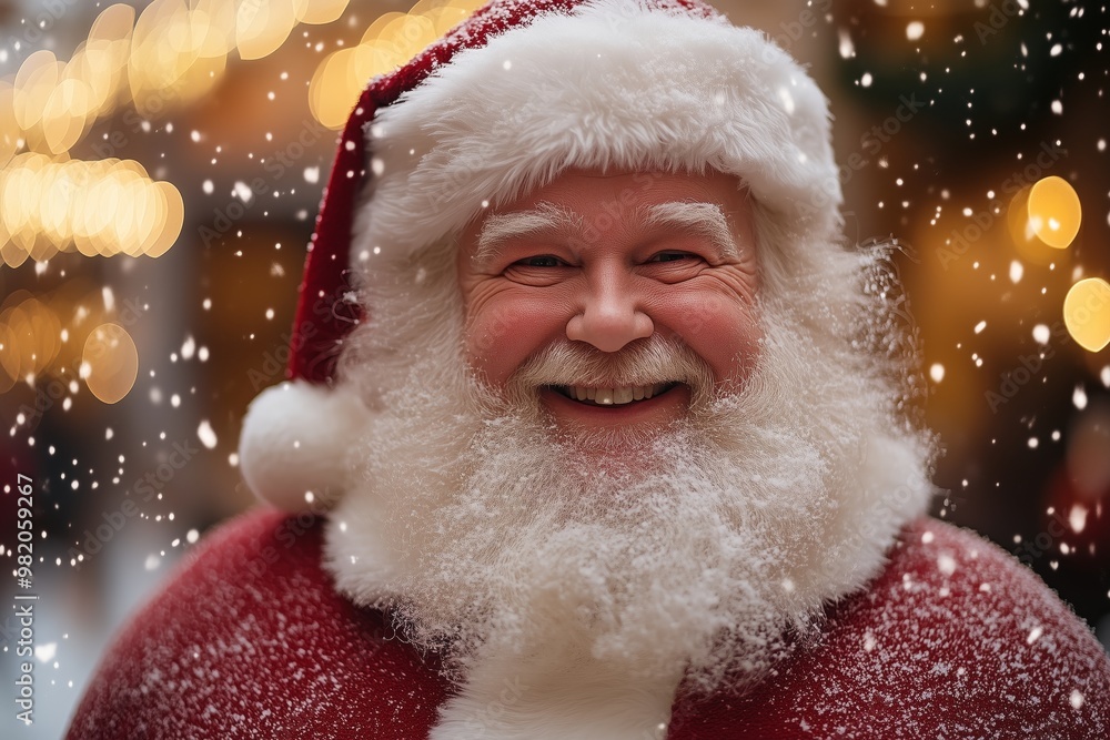 Santa Claus smiling at the camera with backdrop of twinkling lights and snowflakes Santa Claus smiling at the camera with backdrop of twinkling lights and snowflakes