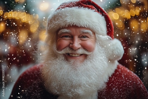 Santa Claus smiling at the camera with backdrop of twinkling lights and snowflakes