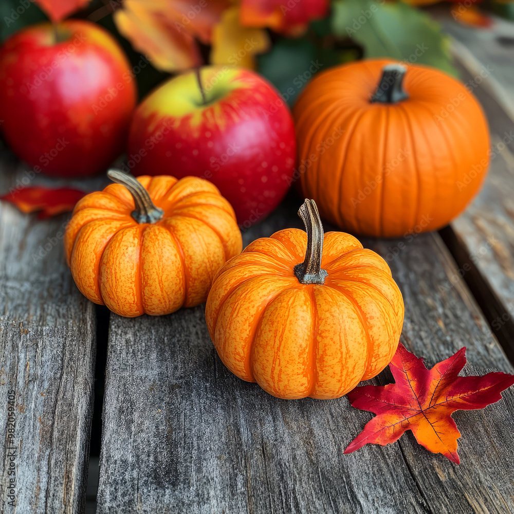 Autumn Harvest: Pumpkins And Apples On Rustic Wood Autumn Harvest: Pumpkins And Apples On Rustic Wood