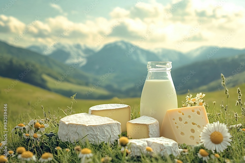 Assorted cheeses and a bottle of milk are laying in the grass with mountains and a blue sky in the background. This evokes a sense of healthy organic food and fresh dairy products Assorted cheeses and a bottle of milk are laying in the grass with mountains and a blue sky in the background. This evokes a sense of healthy organic food and fresh dairy products