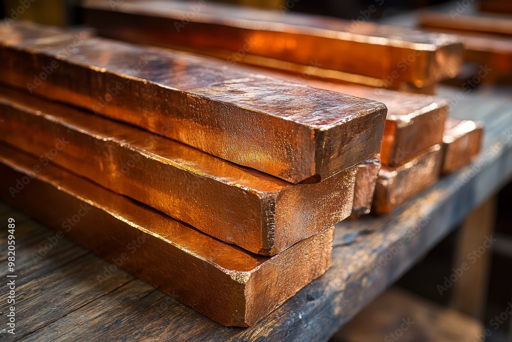 Copper Ingots Stacked on a Wooden Surface in a Workshop, Showcasing the Rich Color and Texture, Captured During Daytime
