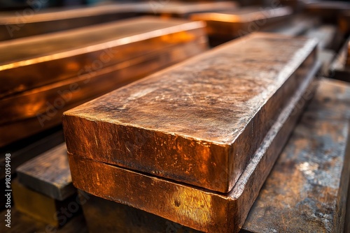 Copper Ingots Stacked in a Warehouse Showcasing Their Gleaming Surfaces Under Bright Lighting During the Early Afternoon