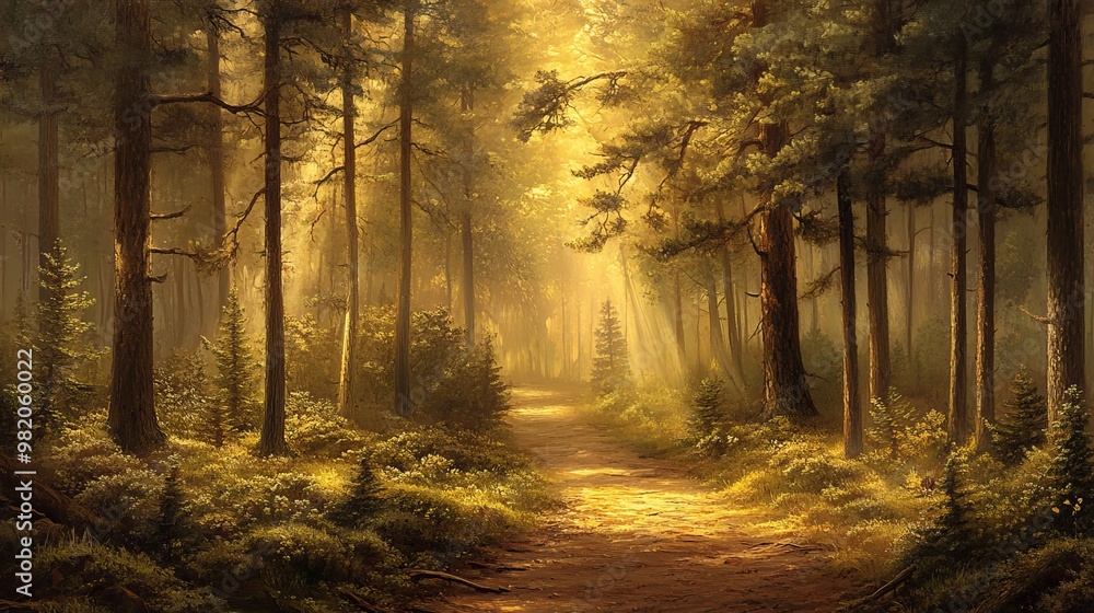 Obraz premium Golden shafts of light bathe the pine-kissed path, creating an ethereal tapestry of nature's artistry.