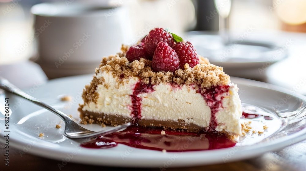 Cheesecake with crumb topping and raspberry sauce on plate Cheesecake with crumb topping and raspberry sauce on plate