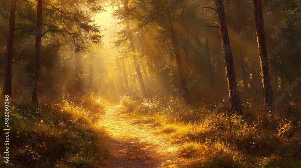 Naklejka premium Golden shafts of light bathe the pine-kissed path, creating an ethereal tapestry of nature's artistry.