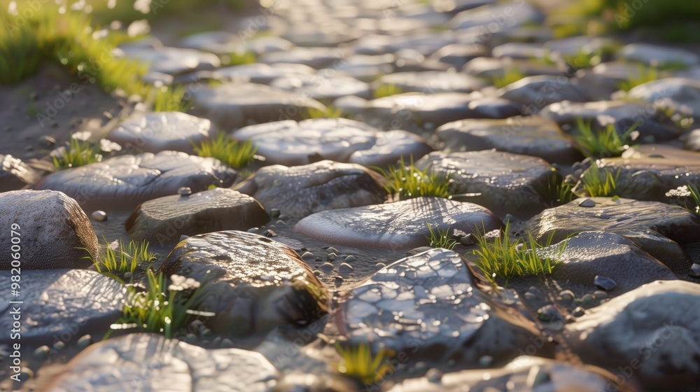 Serene Cobblestone Pathway with Lush Grass at Sunset - Ideal for Nature and Outdoor Pursuits Serene Cobblestone Pathway with Lush Grass at Sunset - Ideal for Nature and Outdoor Pursuits