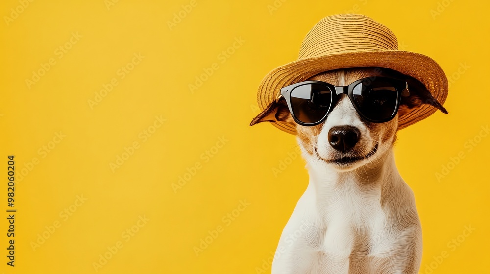A dog wearing sunglasses and a straw hat on a yellow background. A dog wearing sunglasses and a straw hat on a yellow background.