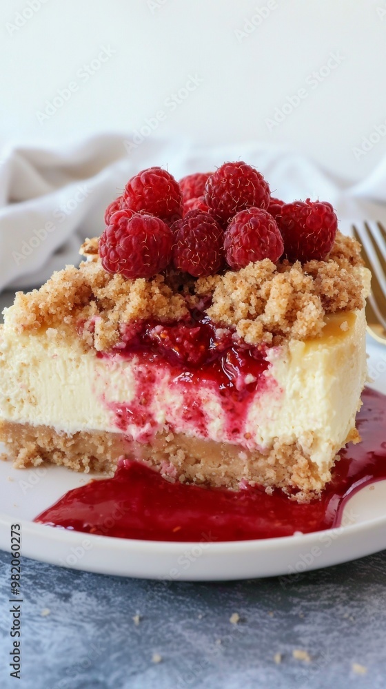Cheesecake with crumb topping and raspberry sauce on plate Cheesecake with crumb topping and raspberry sauce on plate