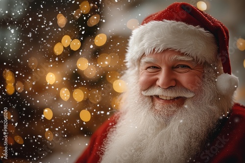 Santa Claus smiling at the camera with backdrop of twinkling lights and snowflakes