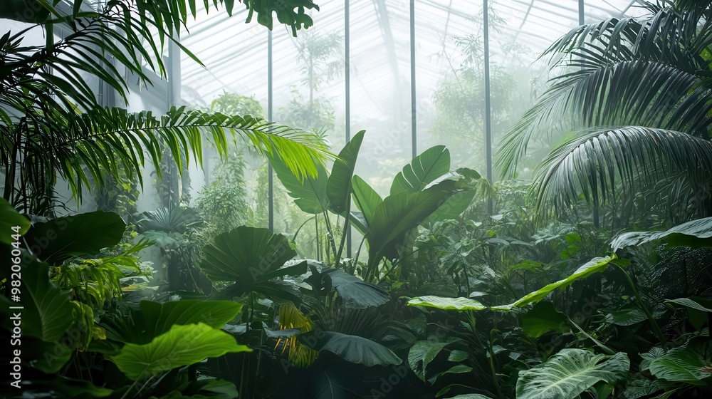 Naklejka premium A misty greenhouse filled with tropical foliage, a humid paradise, Botanical