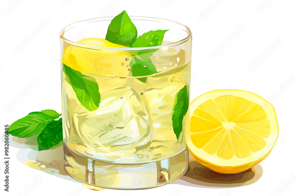 A refreshing glass of lemonade, surrounded by lemons and mint leaves, captures the essence of summer. The bright colors and simple composition A refreshing glass of lemonade, surrounded by lemons and mint leaves, captures the essence of summer. The bright colors and simple composition