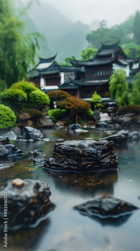 Serene Traditional Garden with Rocks and Waterfall Serene Traditional Garden with Rocks and Waterfall