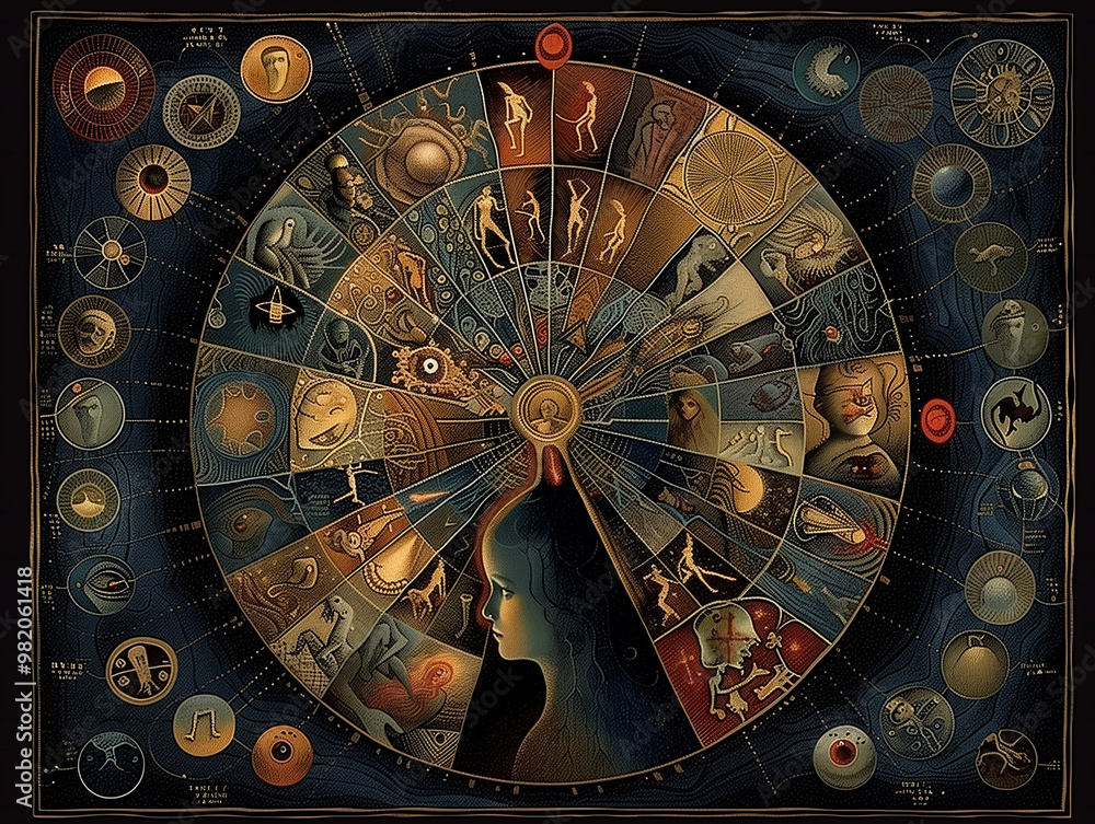 Obraz premium intricate tapestry of celestial bodies and interconnected energy lines. The vibrant colors and complex patterns, cosmic harmony and infinite possibility.