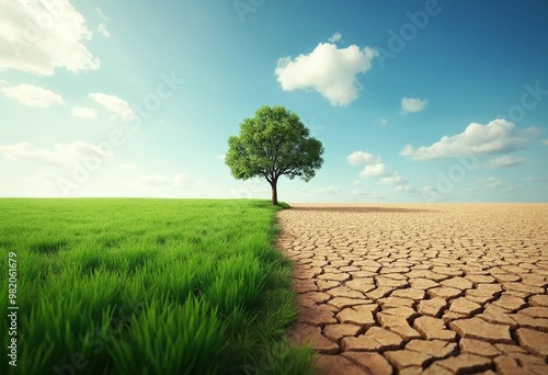 Striking contrast of lush green field and barren dry land a lone tree symbolizing the impact of climate change thoughtprovoking concept illustration