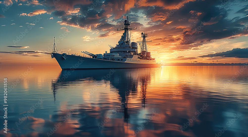 A battleship, warship, showcasing its polished steel surface reflecting the sunlight. Generative AI. A battleship, warship, showcasing its polished steel surface reflecting the sunlight. Generative AI.