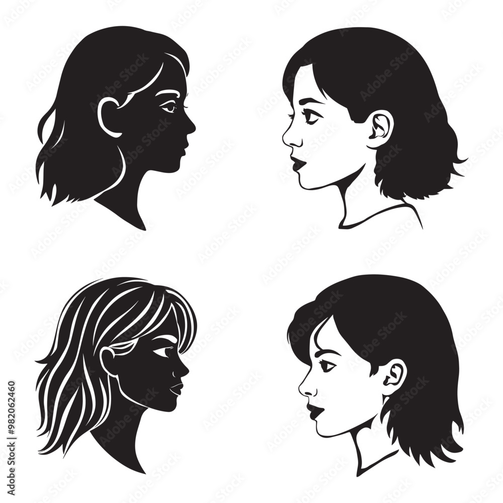 Black and white vector silhouettes set of girl face side view Black and white vector silhouettes set of girl face side view