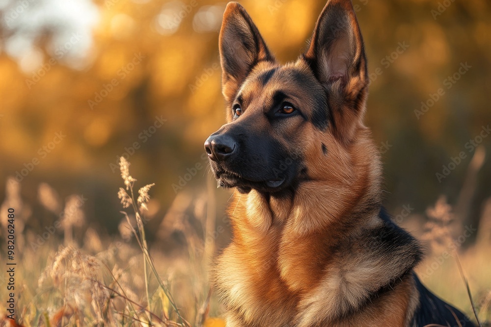 A German Shepherd Sits Attentively in a Sunlit Field Surrounded by Golden Autumn Foliage During a Peaceful Afternoon A German Shepherd Sits Attentively in a Sunlit Field Surrounded by Golden Autumn Foliage During a Peaceful Afternoon
