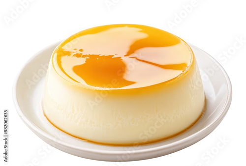 Creamy panna cotta with caramel topping and transparent background. photo