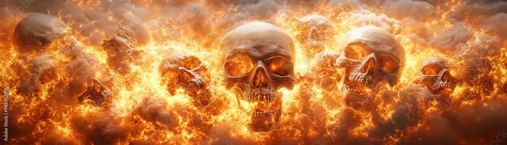 A dramatic scene featuring glowing skulls surrounded by fiery flames, evoking themes of danger and the supernatural. A dramatic scene featuring glowing skulls surrounded by fiery flames, evoking themes of danger and the supernatural.