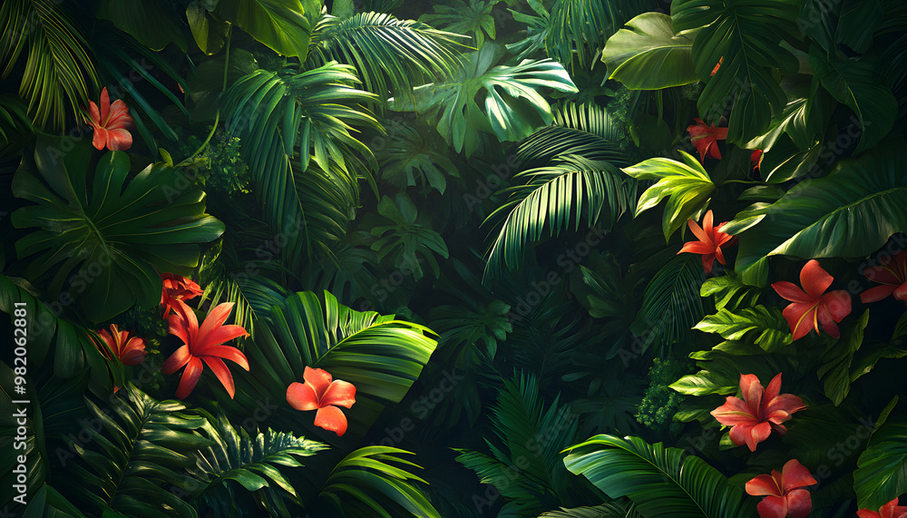 A lush jungle scene with vibrant green leaves and exotic flowers, bringing the warmth of the tropics to your screen A lush jungle scene with vibrant green leaves and exotic flowers, bringing the warmth of the tropics to your screen