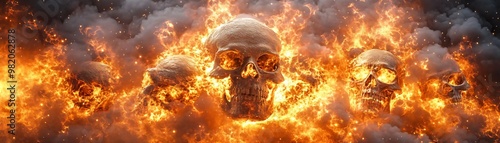 A dramatic scene featuring skulls engulfed in flames, representing danger and dark themes in a fiery atmosphere. photo