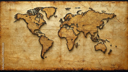 Detailed World Map With Textured Background Showcasing Continents and Countries on an Antique Style Paper