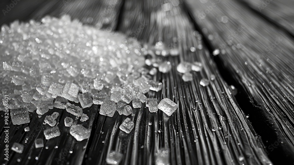Crystal Salt on Dark Wooden Surface Crystal Salt on Dark Wooden Surface