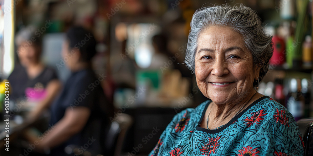 Smiling senior hispanic woman in hair salon, generative AI Smiling senior hispanic woman in hair salon, generative AI