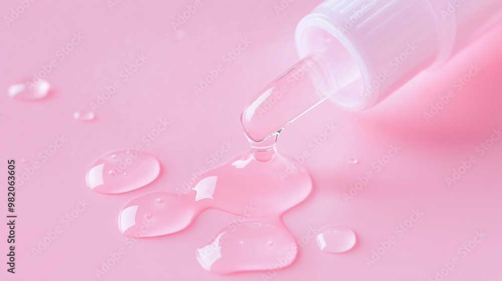 Clear pink liquid drops on a soft surface, showcasing a cosmetic product in a beauty setting during daytime Clear pink liquid drops on a soft surface, showcasing a cosmetic product in a beauty setting during daytime