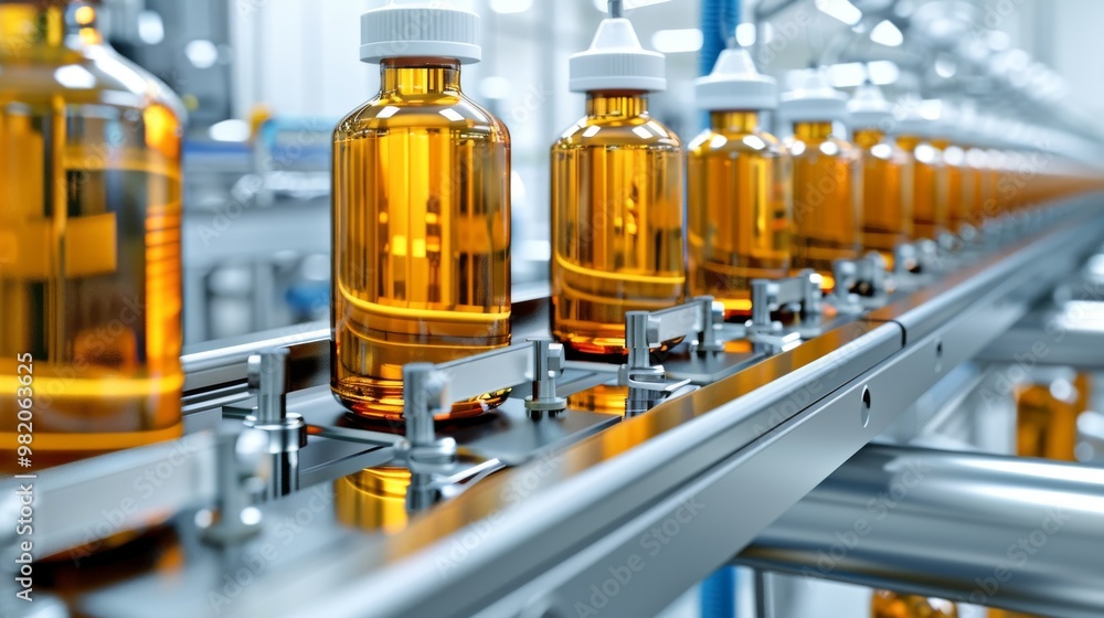 Bottles of Amber Liquid on a Conveyor Belt in a Pharmaceutical Production Facility During Daytime Operations