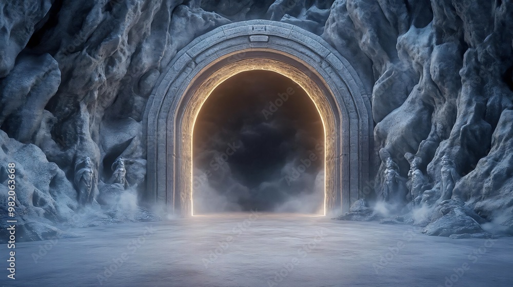Naklejka premium A mystical stone archway illuminated by ethereal light, surrounded by icy rocks and a mysterious fog.