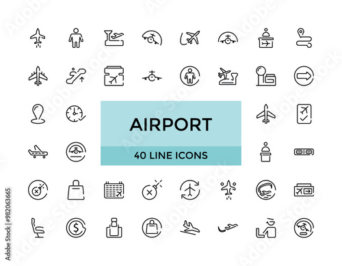 Set of line icons related to airport. Linear icon collection. Editable stroke. Big web and UI icon set in a flat design. Thin outline icons pack. Vector illustration