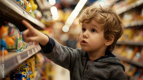 A small child in a toy store points to the desired toy with a ball. A little boy asks to buy a toy.