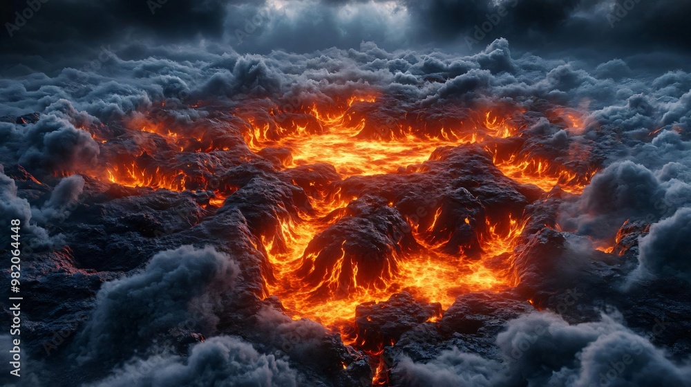 An intense volcanic scene featuring molten lava and swirling clouds, showcasing the raw power of nature's forces. An intense volcanic scene featuring molten lava and swirling clouds, showcasing the raw power of nature's forces.