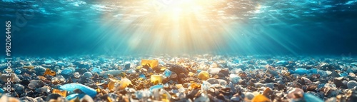 Beneath the surface, sunlight pierces through, revealing a troubling scene of underwater pollution and debris accumulation. photo