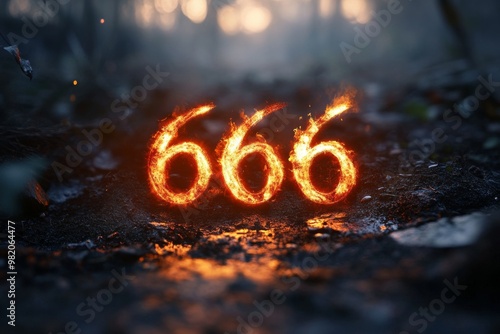 Fiery Representation of the Number 666 on a Forest Floor at Twilight, Creating an Eerie Atmosphere Surrounded by Trees