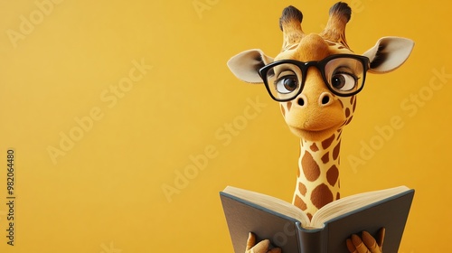 A cartoon giraffe wearing glasses is reading a book.