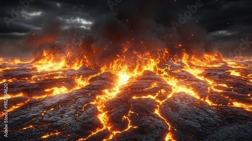 Captivating view of molten lava flowing from a volcanic eruption, under dark clouds and a dramatic sky.