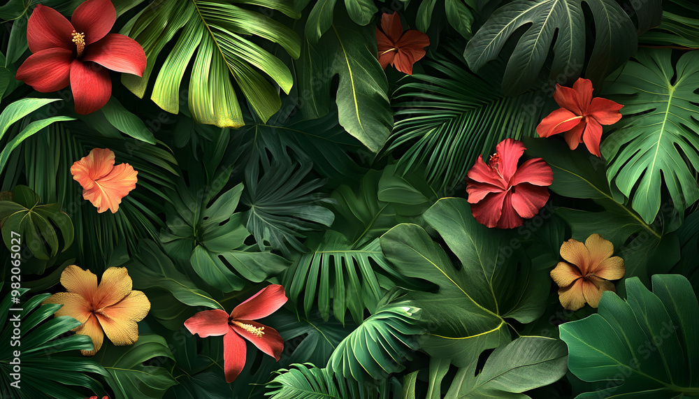 A lush jungle scene with vibrant green leaves and exotic flowers, bringing the warmth of the tropics to your screen A lush jungle scene with vibrant green leaves and exotic flowers, bringing the warmth of the tropics to your screen
