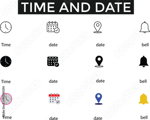 Notification reminder icons. Place, time, date and time icons. Calendar, address location pointer and alarm bell.  vector illustration
