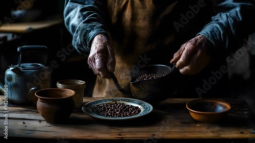 Elderly Hands Pouring Coffee Beans into a Pot