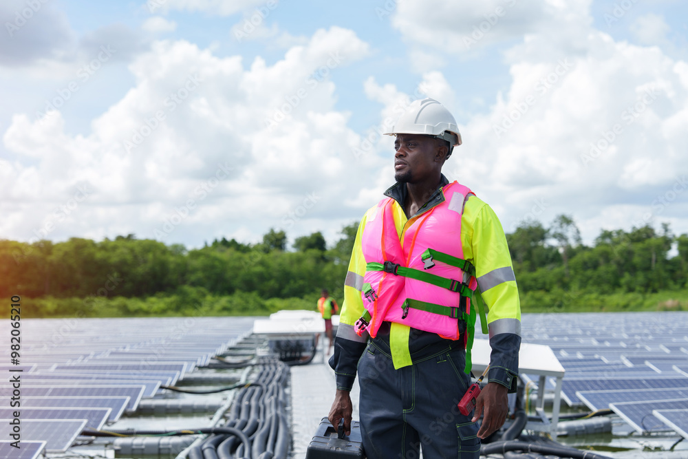 African-American engineer carefully examines cutting-edge floating solar panel system designed to harness renewable energy for complex industries African-American engineer carefully examines cutting-edge floating solar panel system designed to harness renewable energy for complex industries