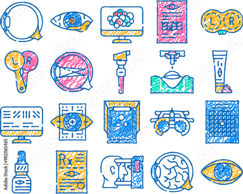 ophthalmology eye disease treat doodle icons set vector. sketch line art amsler table and retinoscope, lasser correction and trial frame medicine ophthalmology hospital equipment contour illustrations