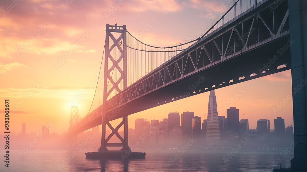 A bridge over a foggy cityscape at sunrise A bridge over a foggy cityscape at sunrise