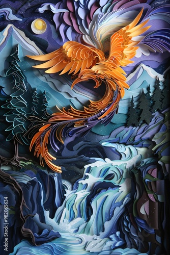 Quilled Bird with Colorful Wings Perched Beside a Waterfall