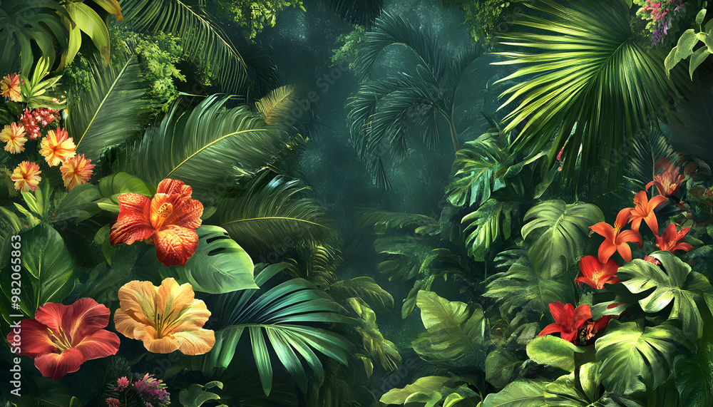 Fototapeta premium A lush jungle scene with vibrant green leaves and exotic flowers, bringing the warmth of the tropics to your screen